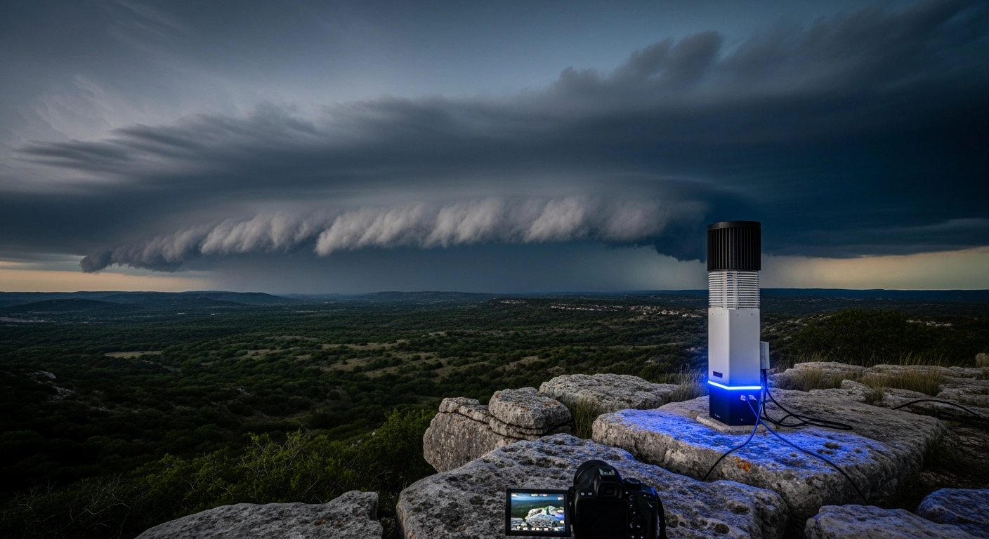 A modern flash flood warning sensor stands on a rocky hill in the Texas Hill Country as storm clouds gather in the background.