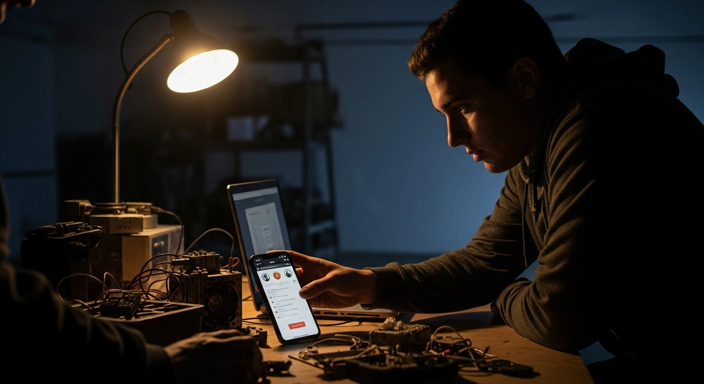 A young man, representing a 21-year-old Texas man, is depicted in a dimly lit warehouse, leaning over a table with bomb-making materials and a laptop, appearing to conduct a cryptocurrency transaction with a shadowy figure, symbolizing his federal charge for attempting to provide material support to a foreign terrorist organization.