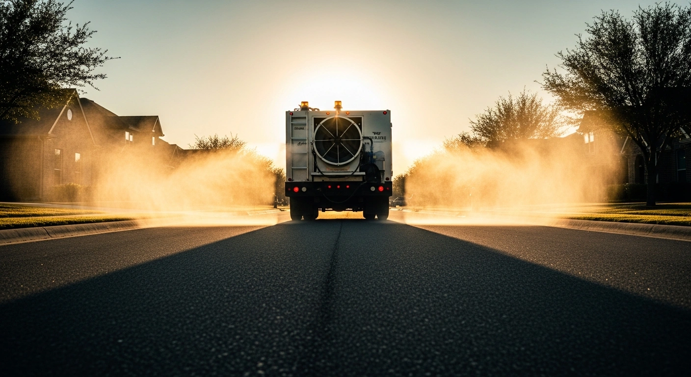 A specialized truck sprays mosquito repellent in a residential neighborhood in Arlington and Pantego, Texas, to combat West Nile Virus.