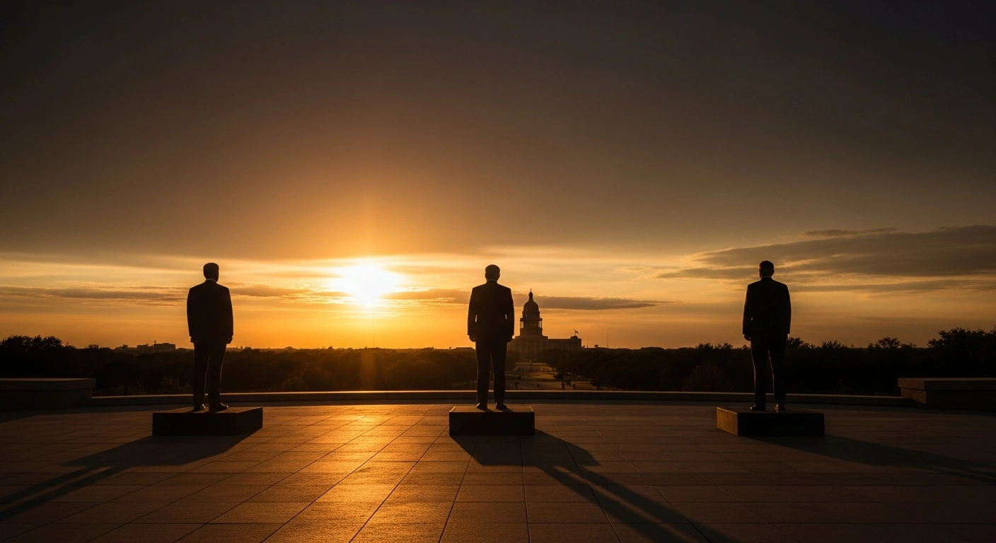 A wide, cinematic shot at golden hour, capturing three distinct political figures, representing Texas US Senate candidates Ted Cruz, Colin Allred, and Roland Gutierrez, silhouetted against a vast Texas landscape under a dramatic sunset, looking towards a distant state capitol building ahead of the March 5, 2024, Super Tuesday elections.