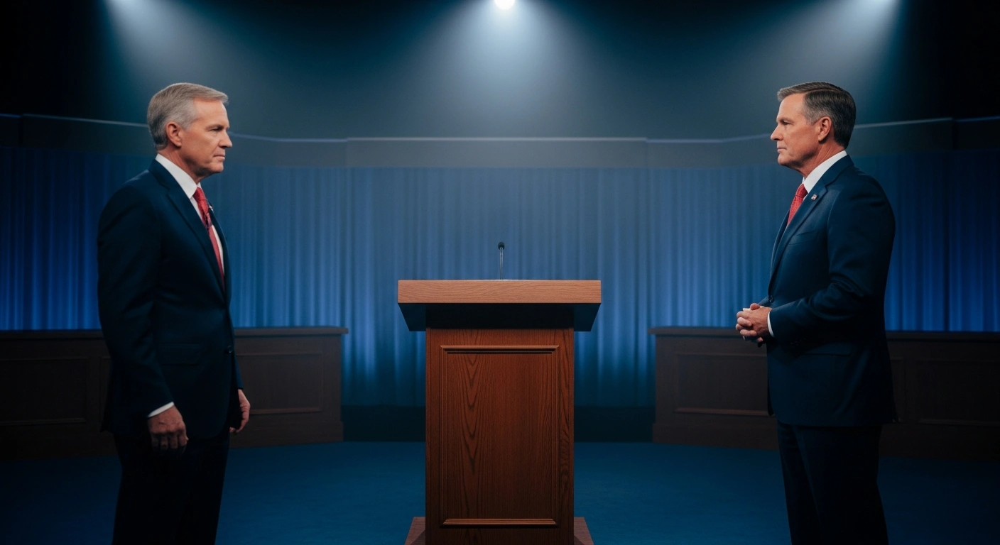 Two political candidates stand on a dark stage during the Texas Republican primary runoff election for the United States Senate.
