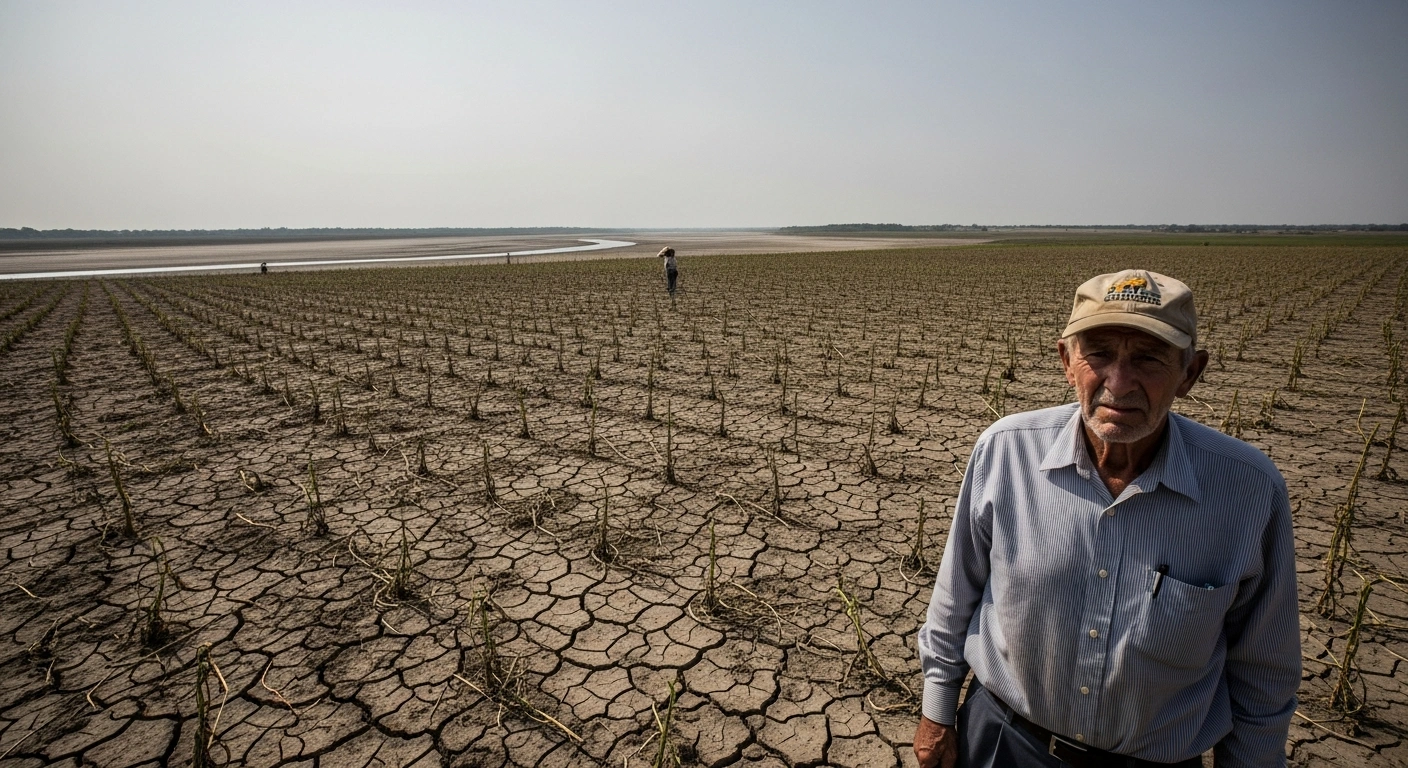 A weathered Texas farmer stands amidst parched, withered crops on a vast, cracked earth landscape under a hazy sun, looking towards a distant dry riverbed, symbolizing the severe water shortfall from Mexico under the 1944 Water Treaty and the resulting economic hardship for Texas agriculture.