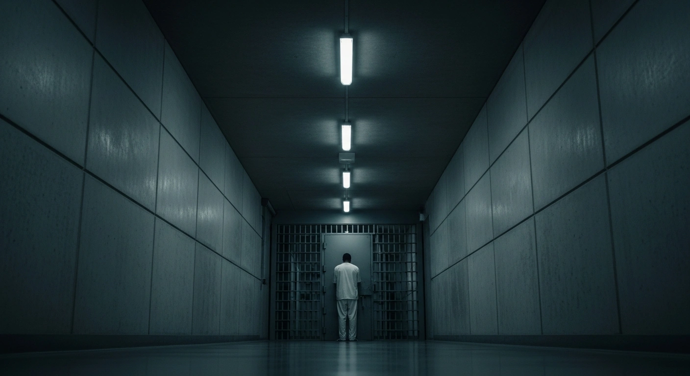 A lone figure, representing convicted killer and rapist Thabo Bester, stands dejectedly in a stark, modern supermax correctional facility corridor, symbolizing the Pretoria High Court's decision to strike down his urgent application for a prison transfer.