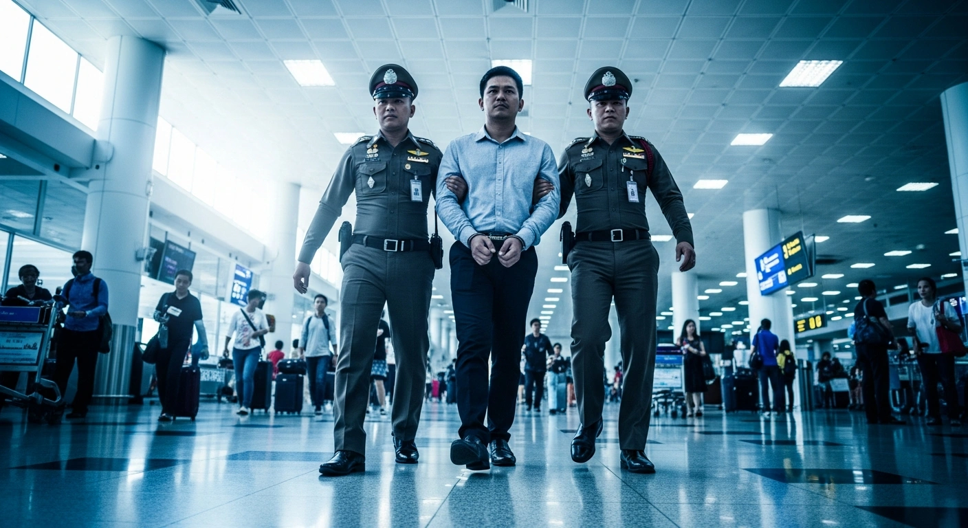 Thai police officers escort a handcuffed Japanese man suspected of leading an international fraud group through an airport terminal.