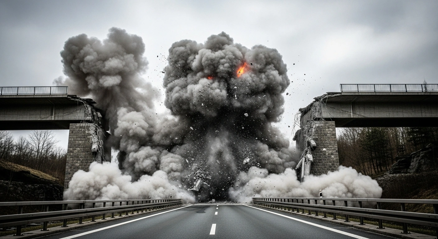A controlled explosive demolition of the old Talbrücke Thalaubach bridge on the A7 motorway in Hesse, Germany, sends dust and debris into the air.