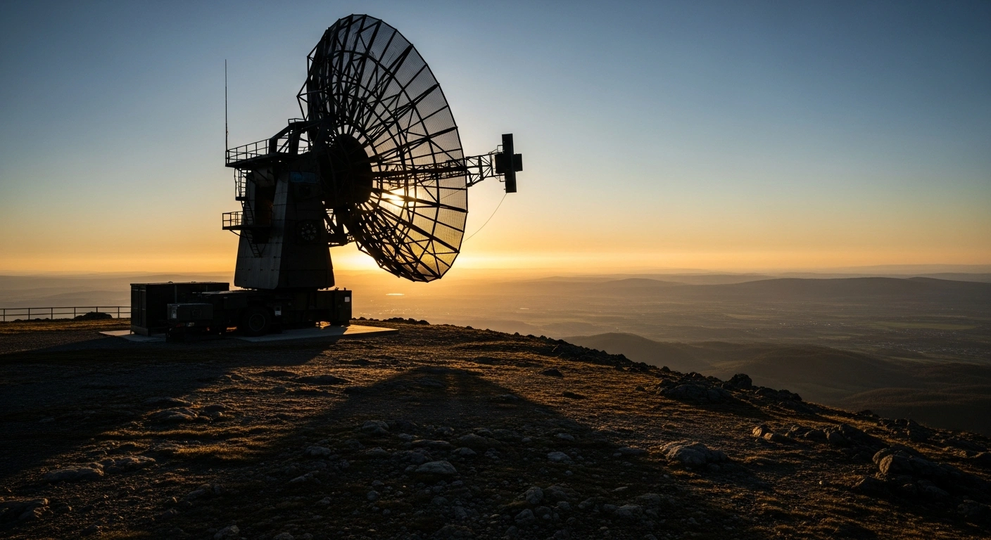 A Thales GM400α long-range air defense radar system, symbolizing France's €1.1 billion agreement for European strategic autonomy, stands at dawn, its massive rotating dish overlooking a vast European landscape, capable of detecting threats up to 550 km away.