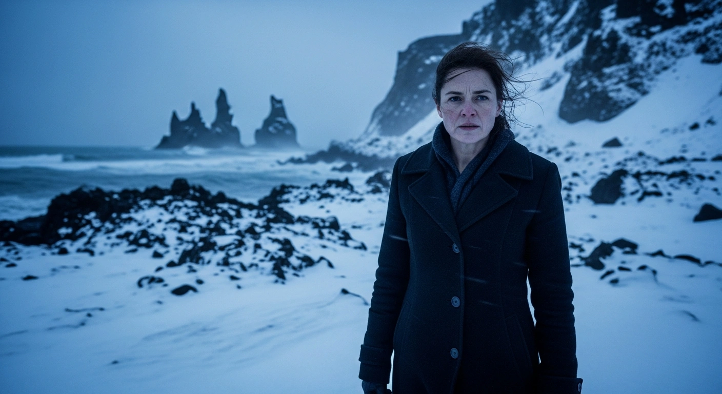 Actress Lena Olin portrays Detective Hulda Hermannsdóttir in a dramatic scene set against the cold, snowy landscape of Iceland for the television adaptation of The Darkness.
