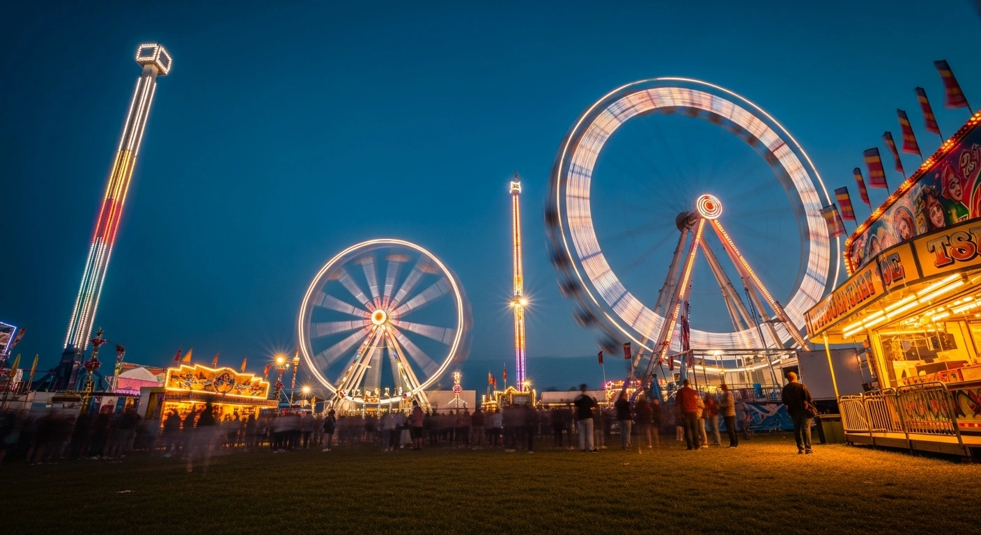 The Hoppings funfair lights up the Newcastle Town Moor at dusk with colorful rides and attractions welcoming visitors.