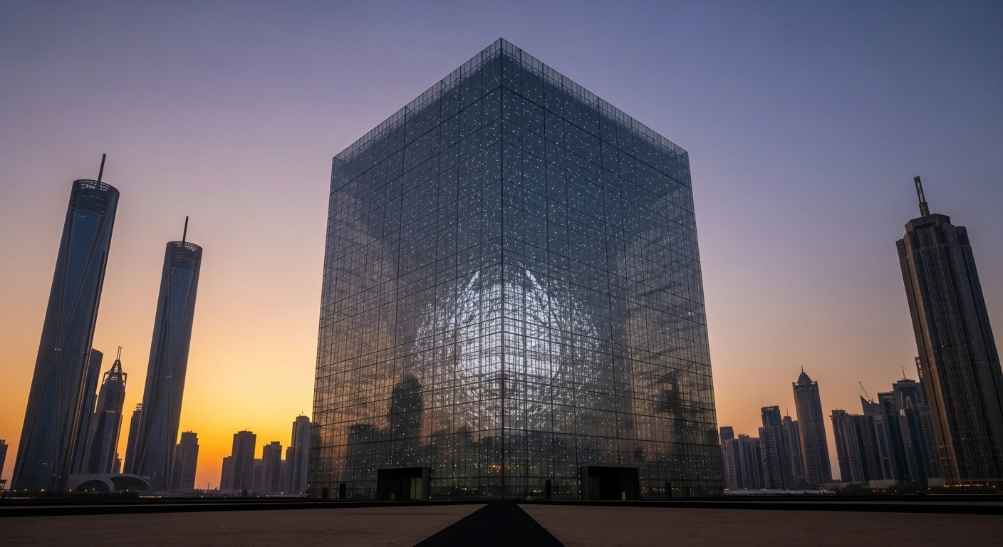 A monumental, cube-shaped structure named The Mukaab, designed by a joint venture of AECOM and Jacobs for the New Murabba Development Company, stands prominently in a futuristic Riyadh cityscape at twilight, symbolizing Saudi Arabia's Vision 2030.
