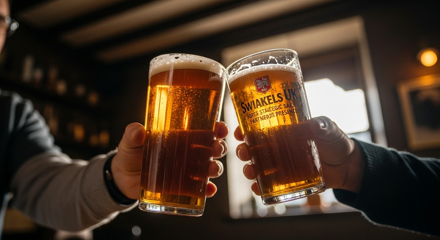 Two hands clink a British pint glass and a continental beer glass together in a warm pub, symbolizing the strategic on-trade sales agreement between T&R Theakston brewery and Swinkels UK to expand their beer portfolio for UK pub and bar operators.