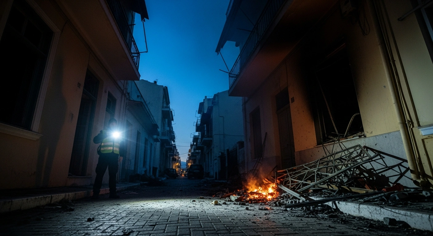 Emergency responders investigate the charred exterior of a residential building in Thessaloniki following a series of pre-dawn firebomb attacks.