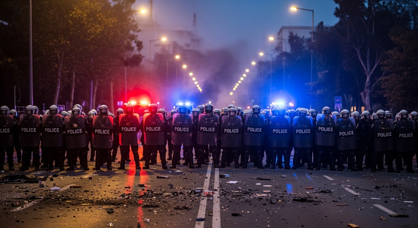 A pre-dawn scene at Aristotle University of Thessaloniki depicts riot police standing amidst smoke and scattered debris, illuminated by flashing emergency lights, following a campus raid involving Molotov cocktails.