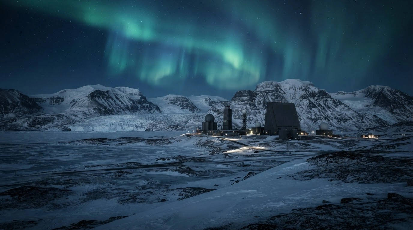 The Thule Air Base radar installation stands amidst the snowy landscape of Greenland under the northern lights, representing the strategic US military presence in the region.