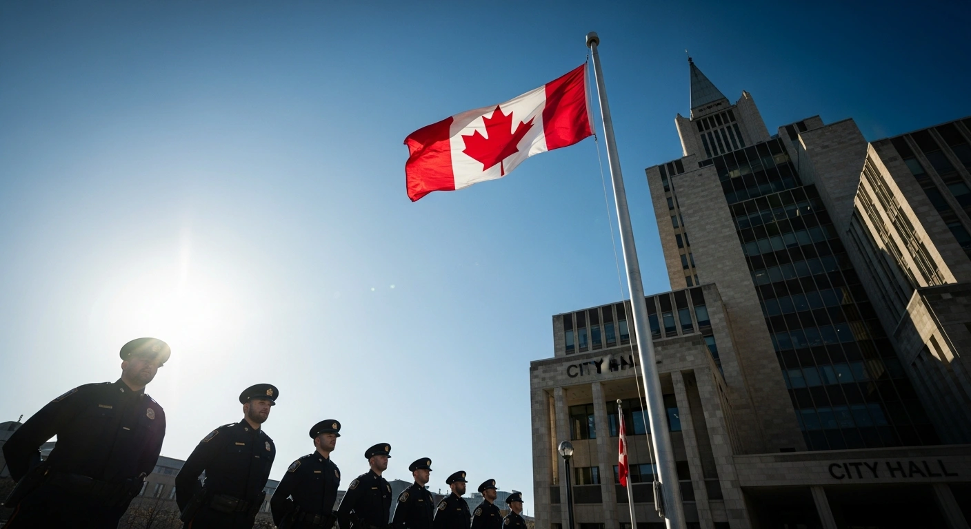Thunder Bay police officers stand in formation during a flag-raising ceremony at City Hall to mark the start of National Police Week.