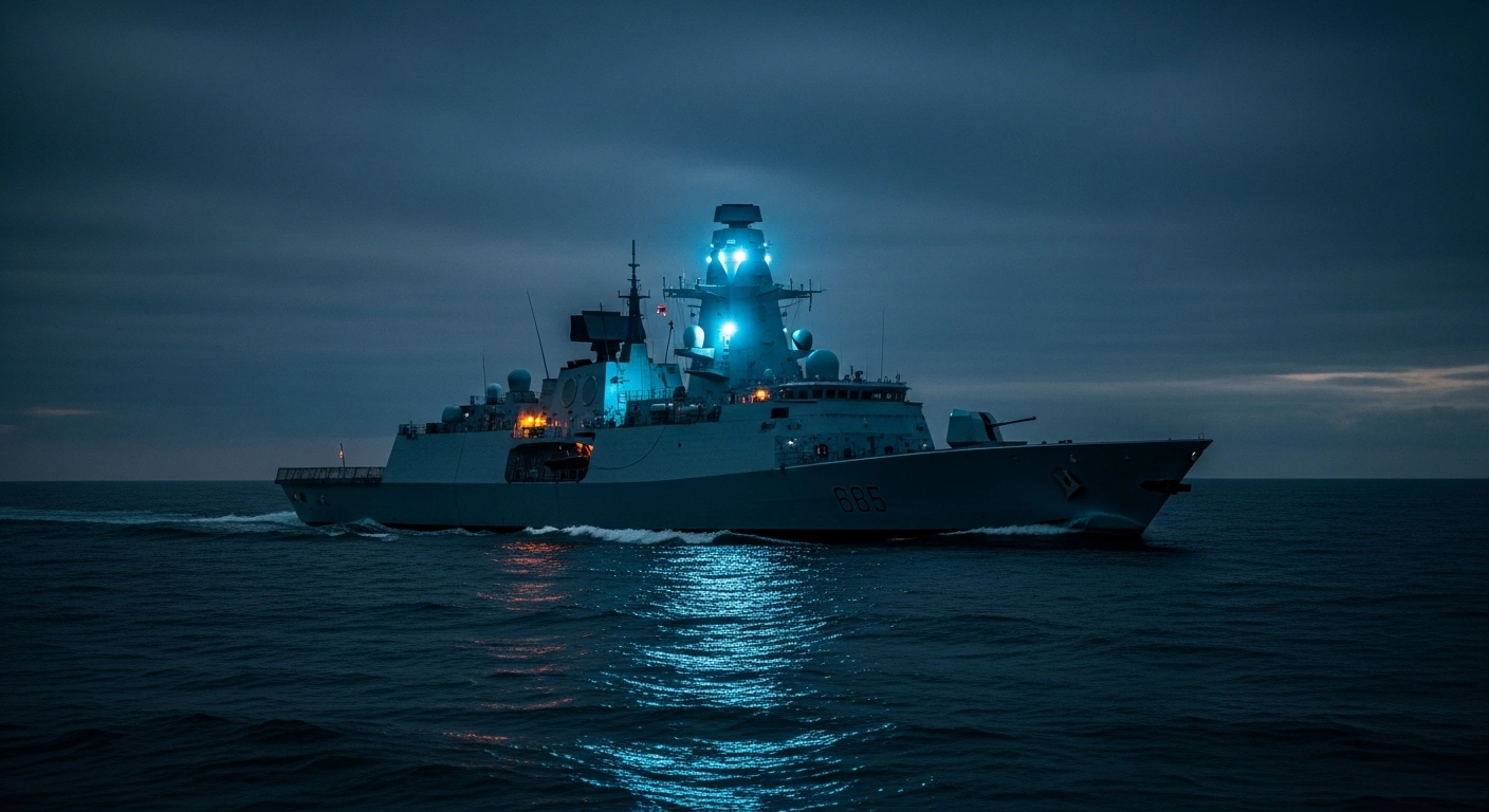 A modern German naval warship sails through dark waters, representing the record-breaking defense order backlog for Thyssenkrupp Marine Systems.