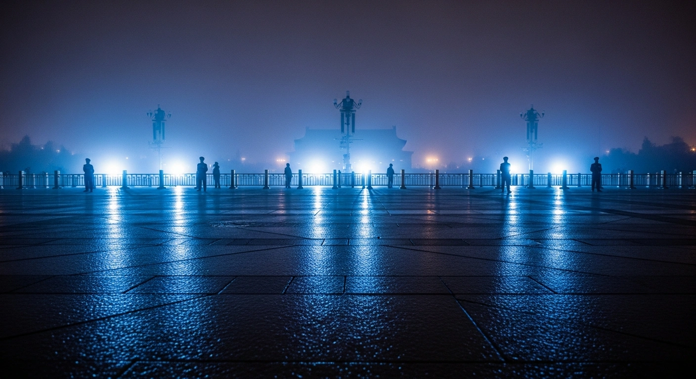 Security personnel stand guard in a desolate, floodlit square in Beijing during heightened security measures on the anniversary of the 1989 Tiananmen Square crackdown.
