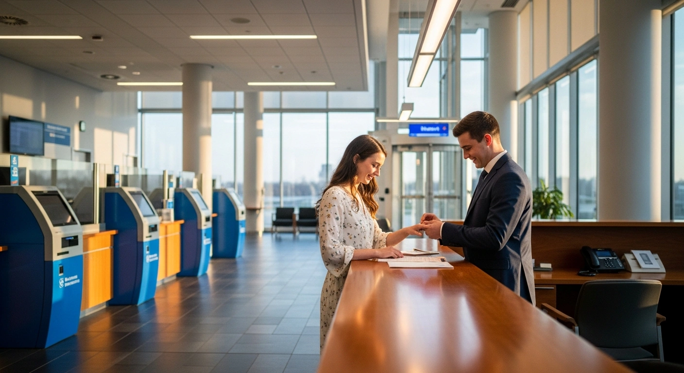 A young couple stands at a counter inside a modern bank branch in Tianjin that has been converted into a marriage registration office.
