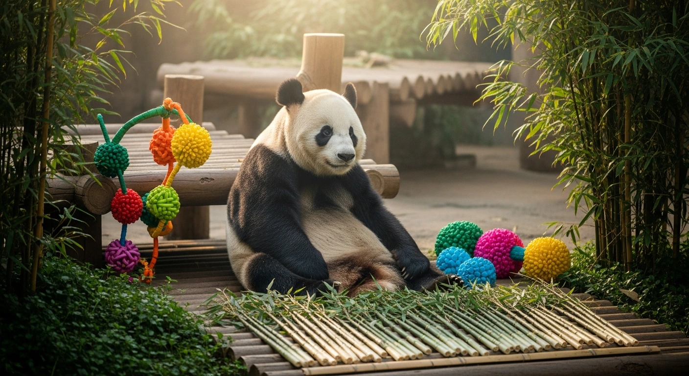 A giant panda sits in a festive, bamboo-filled enclosure at the Tianjin Zoo while celebrating its 15th birthday.