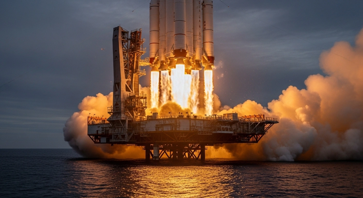 A powerful, multi-engine rocket, identified as Space Pioneer's Tianlong-3, undergoes a 1,000-tonne thrust test with nine Tianhuo-12 engines firing intensely on an offshore platform at night, emitting a bright orange and blue exhaust plume.