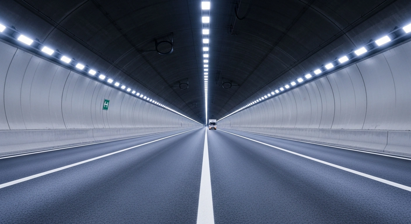 A wide-angle, low-perspective shot inside the brightly lit Tianshan Shengli Tunnel in Xinjiang, China, showcasing its immense length and modern engineering as the world's longest expressway tunnel, part of the G0711 Urumqi-Yuli Expressway.