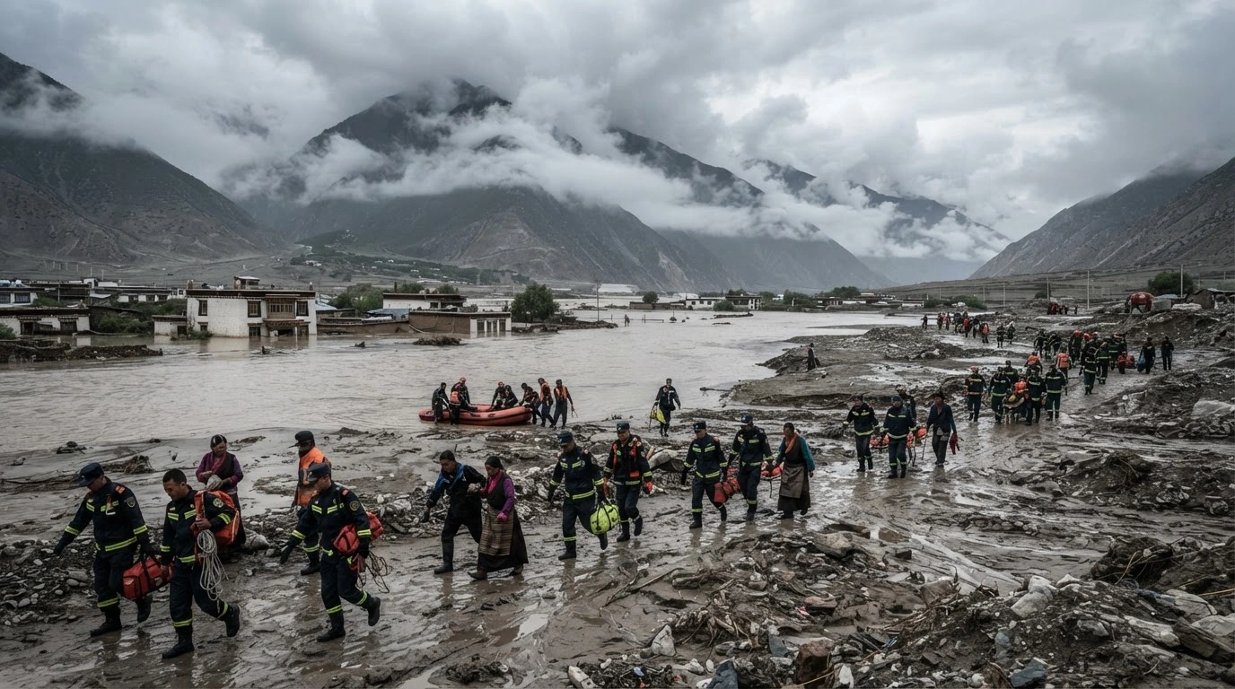 People's Liberation Army personnel and emergency responders conduct search-and-rescue operations in a flooded region of Tibet.