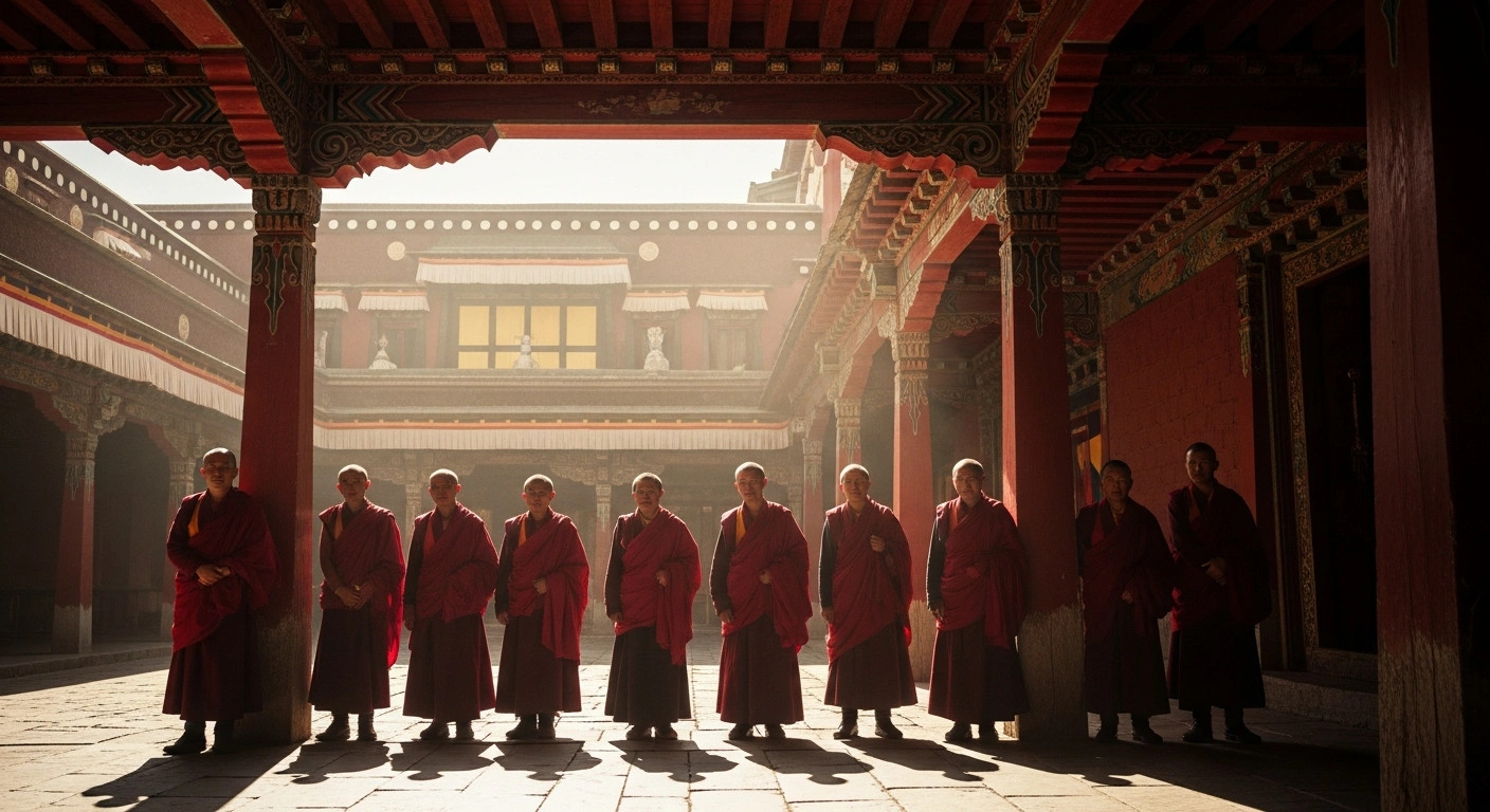 Thirteen Tibetan monks stand in the courtyard of the Jokhang Temple in Lhasa after receiving the prestigious Geshe Lharampa degree.
