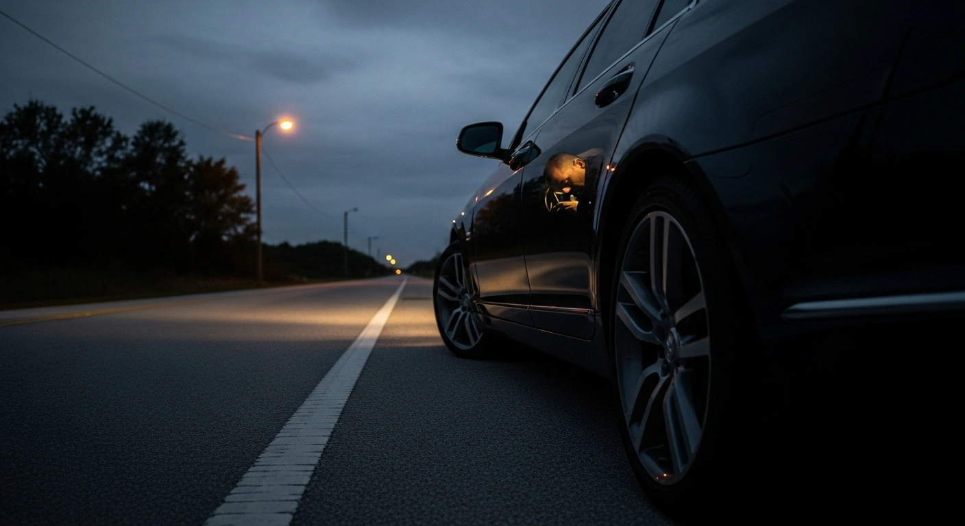 A luxury car sits parked on the side of a road at night with a man appearing to be asleep at the wheel, representing the incident involving Tiger Woods.