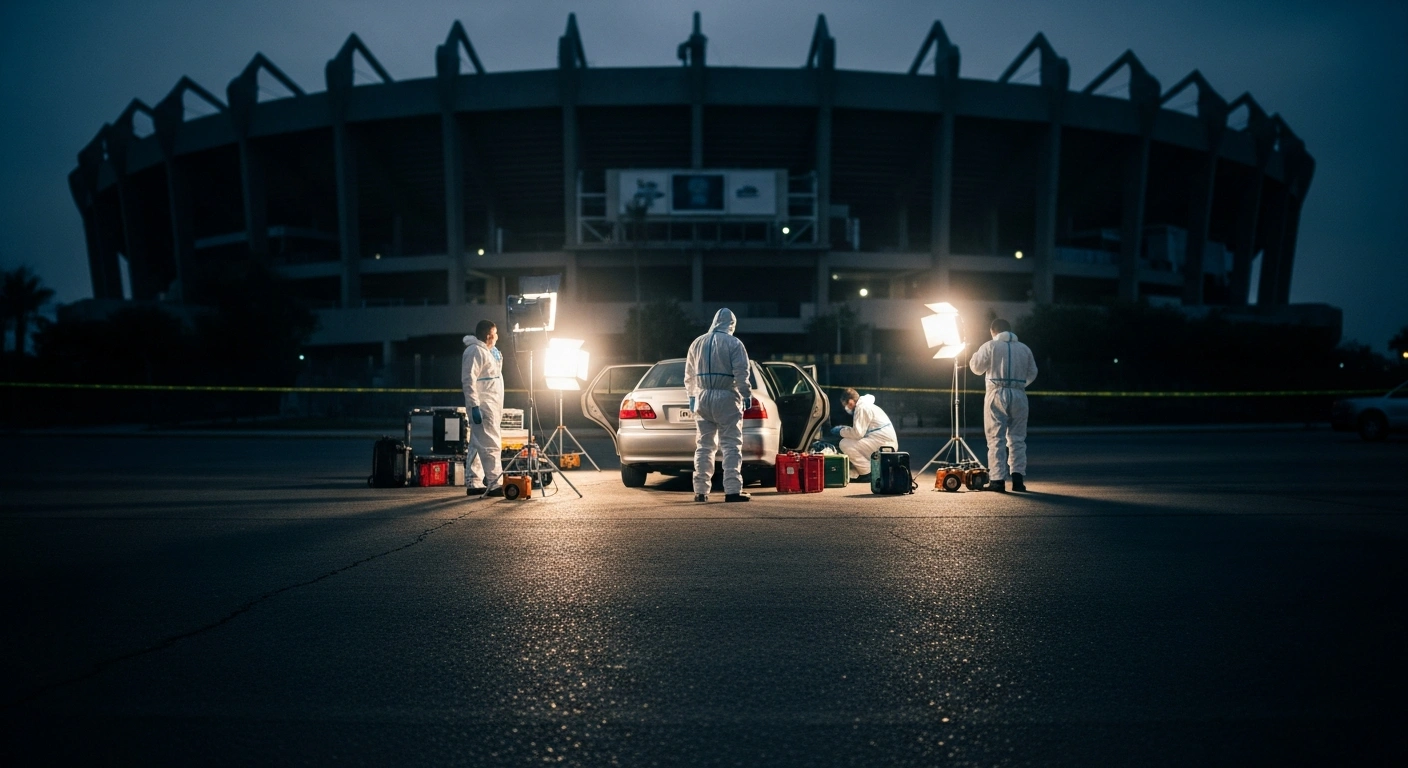 Forensic investigators examine a vehicle at a crime scene near a stadium in Tijuana, Mexico, following the discovery of a body.