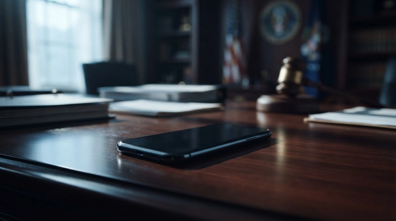 A smartphone sits on a desk in a legal office representing the settlement between TikTok and the U.S. Department of Justice regarding children's online privacy.