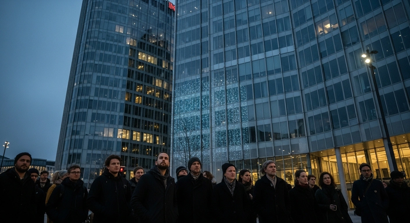 A group of striking TikTok employees stands resolutely in front of a modern corporate building in Berlin at twilight, protesting layoffs of content moderators whose roles are being replaced by Artificial Intelligence and outsourced labor.
