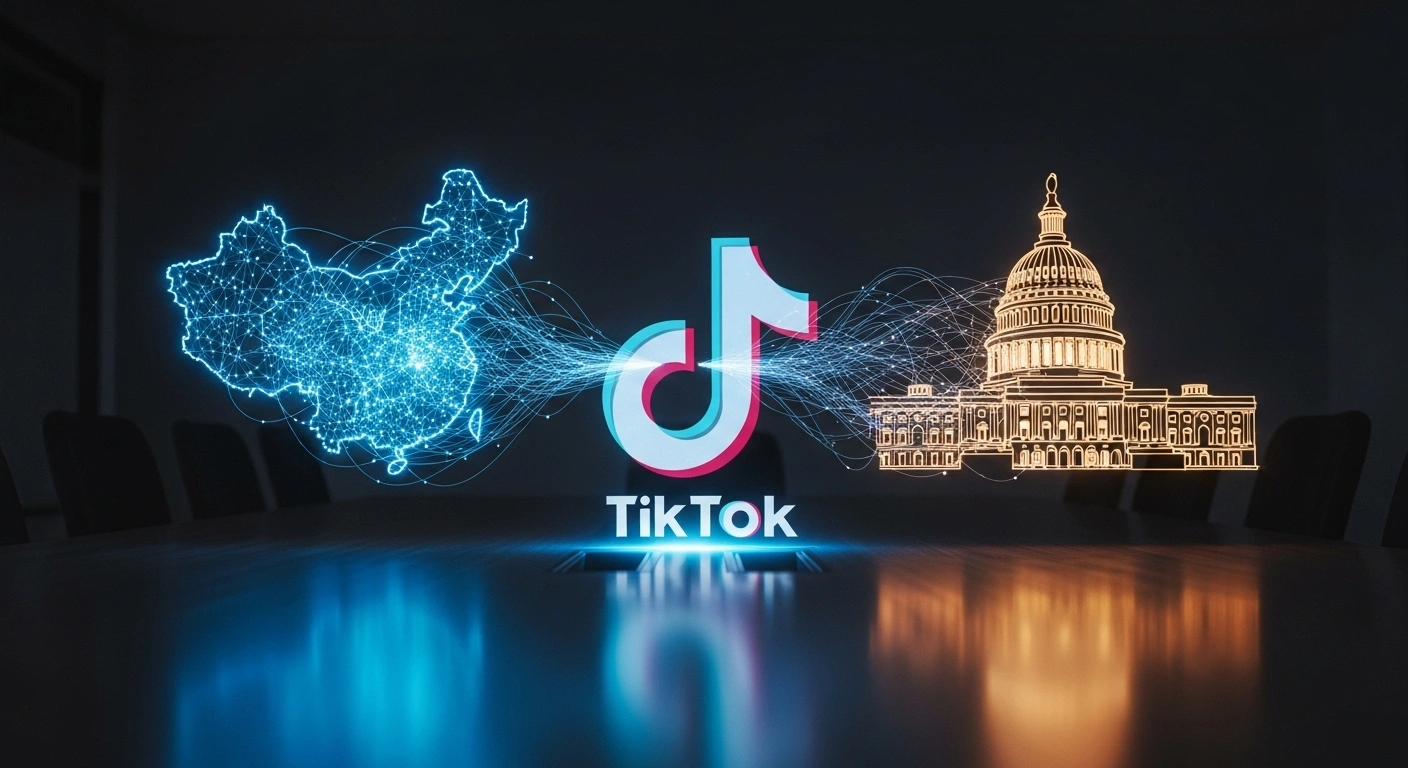 A holographic projection on a conference table shows a translucent TikTok logo with data streams flowing from a digital map of China towards a digital silhouette of the US Capitol building, symbolizing the agreement for US ownership of TikTok's operations and ByteDance licensing its algorithms.