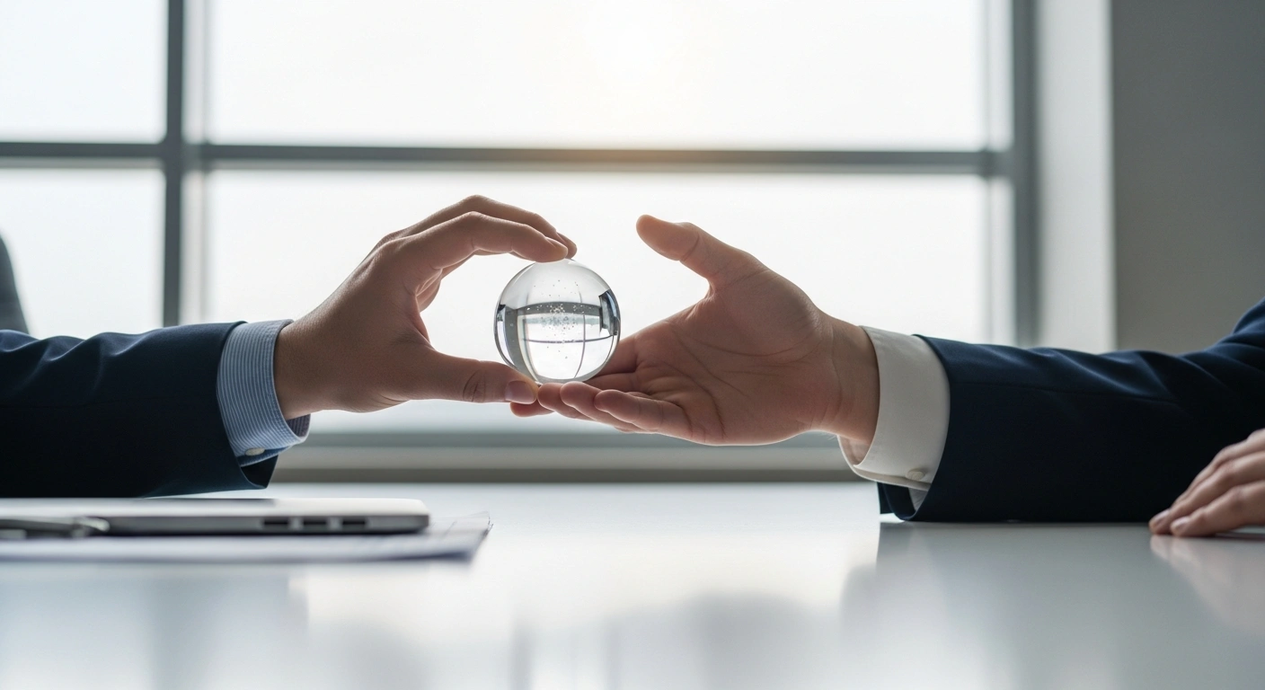 A close-up shot shows two hands, one with a traditional silk cuff and the other in a modern suit sleeve, delicately interlocked over a polished conference table, holding a transparent, pulsating sphere, symbolizing the balanced resolution of TikTok's US operations between Chinese and American interests.