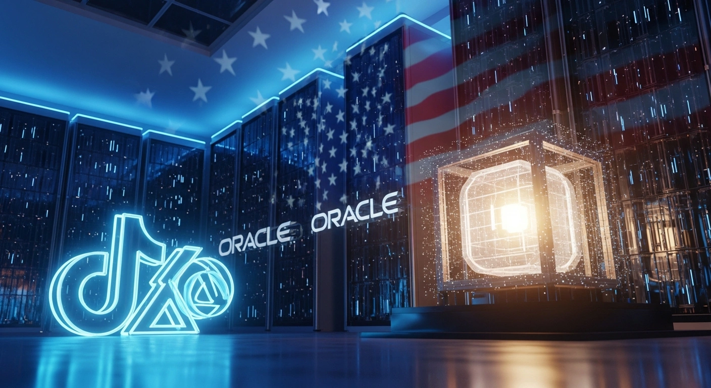 A futuristic data center, illuminated by cool blue and warm golden light, symbolizes the secure TikTok USDS Joint Venture LLC, a new U.S. joint venture with major American investors including Oracle, addressing national security and data privacy concerns for TikTok's continued operation in the United States.