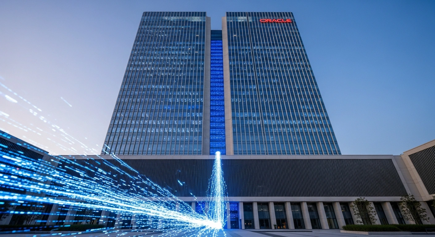 A futuristic, secure data center building, representing Oracle's cloud, stands tall as a vibrant digital stream, symbolizing TikTok's user data, flows into its base, illustrating the USDS Joint Venture with American investors like Oracle and Silver Lake to secure user data and address national security concerns.