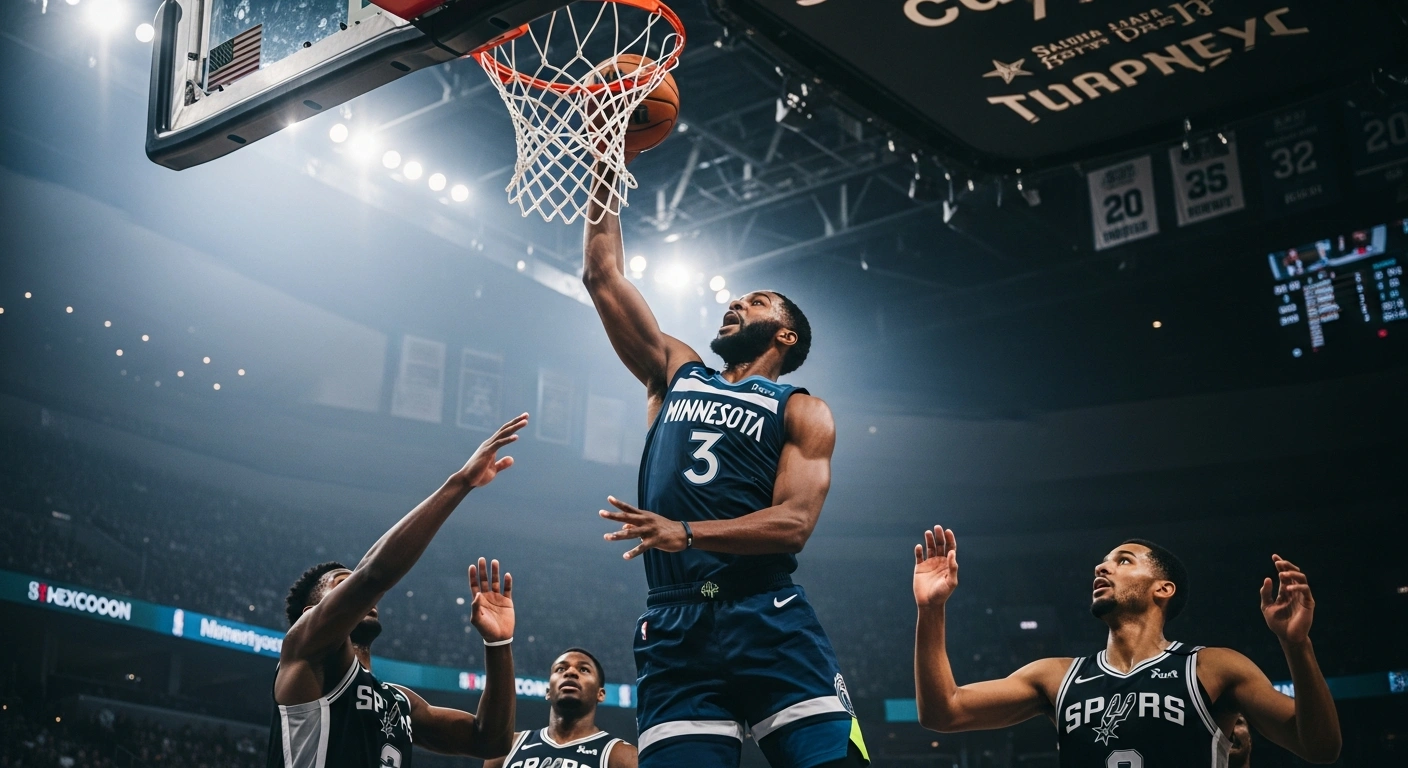 A Minnesota Timberwolves player performs a slam dunk against San Antonio Spurs defenders during a Western Conference semifinal basketball game.