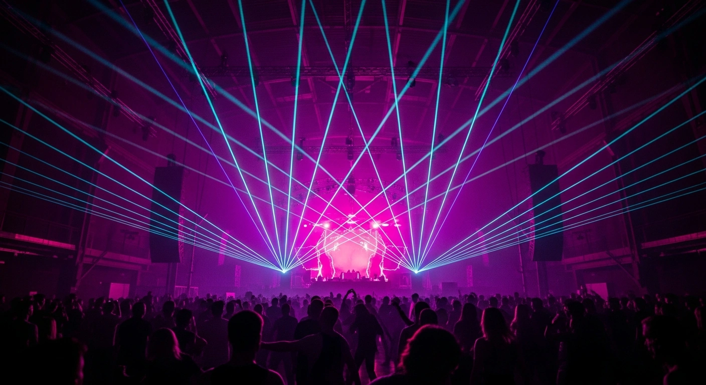 A massive crowd dances under vibrant laser lights and high-production stage equipment at the Time Warp techno festival in Mannheim.