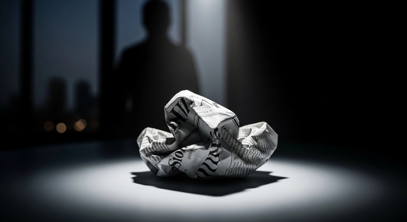 A heavily crumpled newspaper, symbolizing a retraction and apology by The Times of London after being duped by an impersonator of former New York City Mayor Bill de Blasio, lies under a harsh spotlight with a shadowy figure in the background.