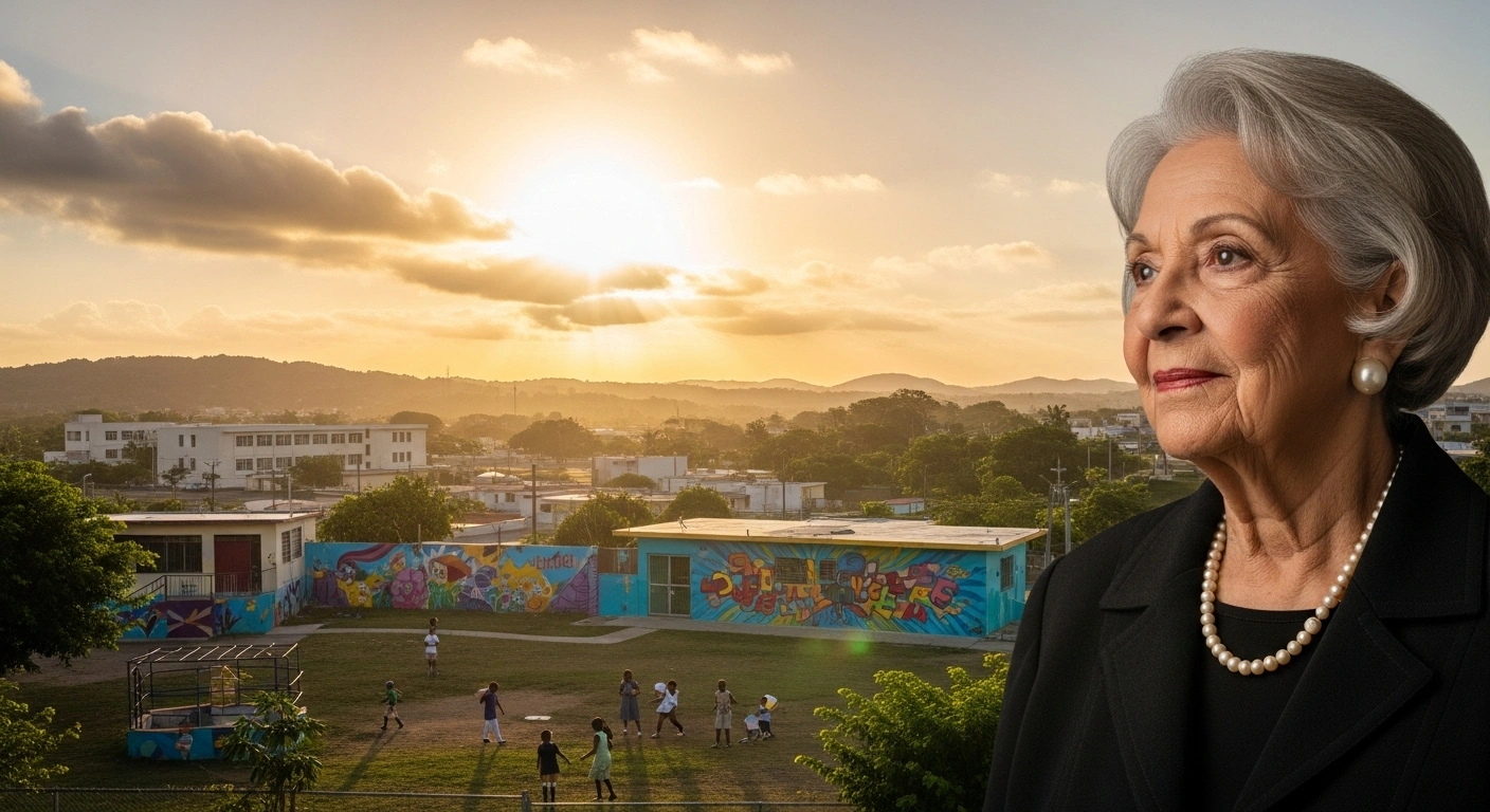 A serene image of an elegant elderly woman, symbolizing Argentina S. 'Tina' Hills, looking over a vibrant Puerto Rican landscape with elements representing education, art, and social welfare, reflecting her fundamental philanthropic legacy with the Fundación Ángel Ramos.