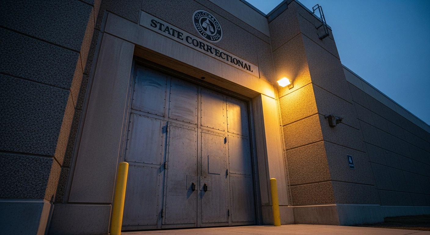 The exterior of a Colorado state prison facility stands under a dim sky following the commutation of Tina Peters' sentence by Governor Jared Polis.