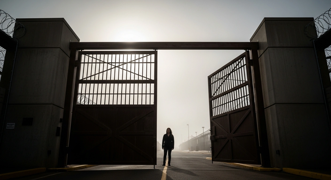 Former Mesa County Clerk Tina Peters walks toward the open gate of a Colorado prison after Governor Jared Polis commuted her sentence.