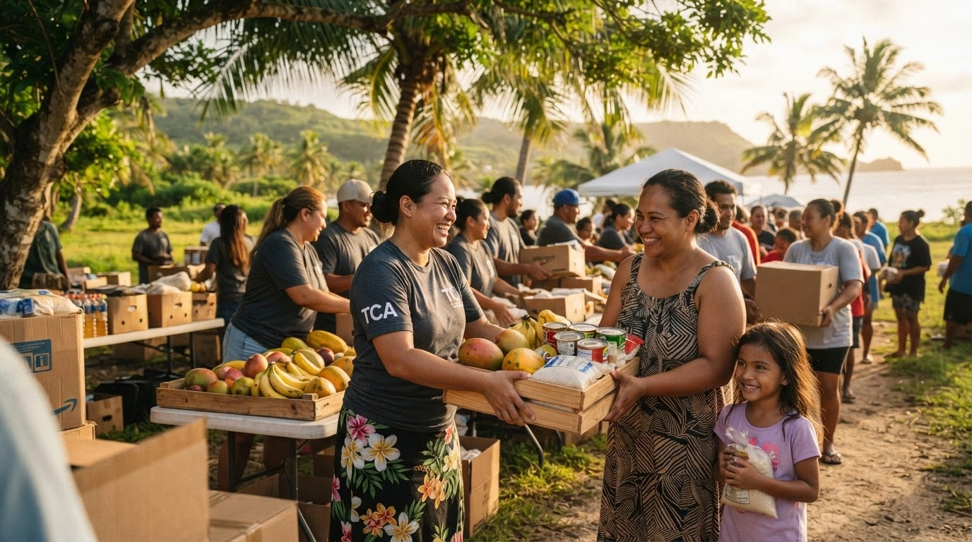 Volunteers distribute fresh produce and dry goods to residents during a community relief event on the island of Tinian.