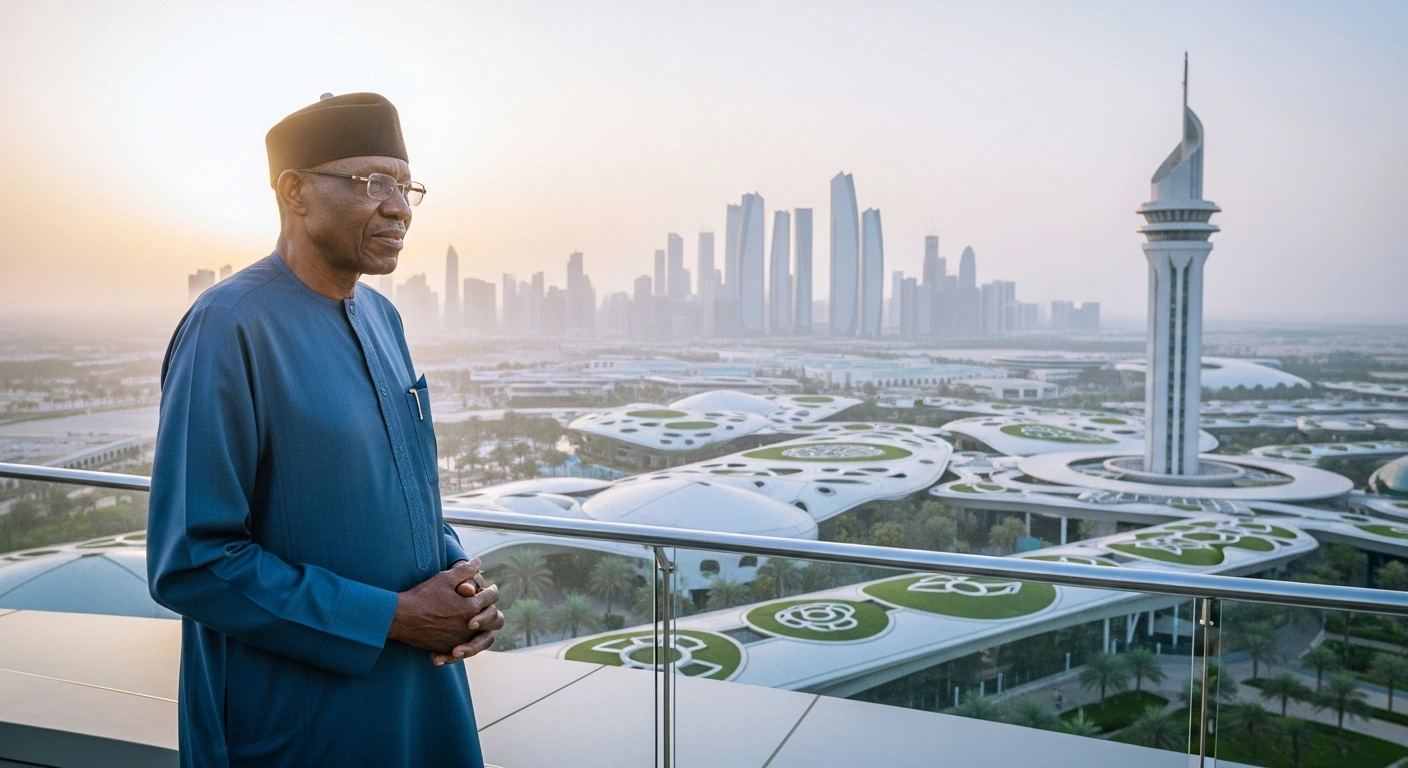 Nigerian President Bola Ahmed Tinubu stands on an elevated platform overlooking a futuristic Abu Dhabi cityscape at dawn, symbolizing his participation in the Abu Dhabi Sustainability Week focused on global sustainable development, climate action, and investment partnerships.