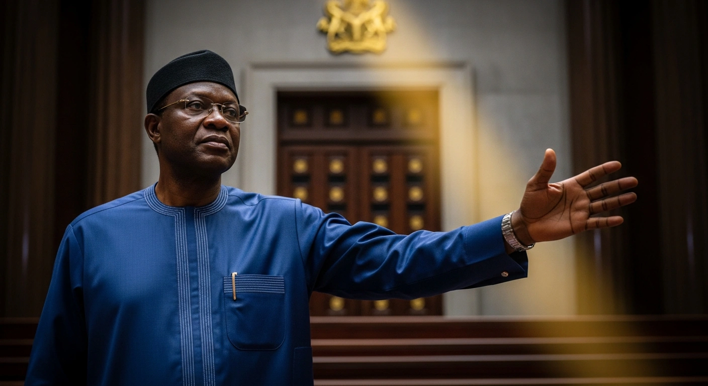 A determined President Tinubu, illuminated by a shaft of light, stands before a legislative chamber, symbolizing his call for constitutional amendments to establish state police in Nigeria amidst escalating insecurity.