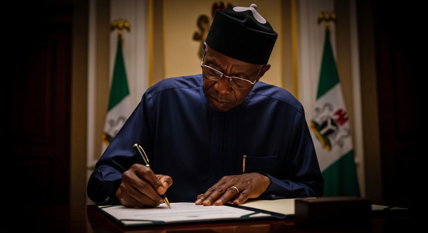 A dramatic, low-angle shot shows President Bola Tinubu signing a significant official document under a focused beam of light in a formal, shadowed room, symbolizing the signing of the Electoral Act (Amendment) Bill 2026 in Abuja to strengthen Nigeria's democracy.