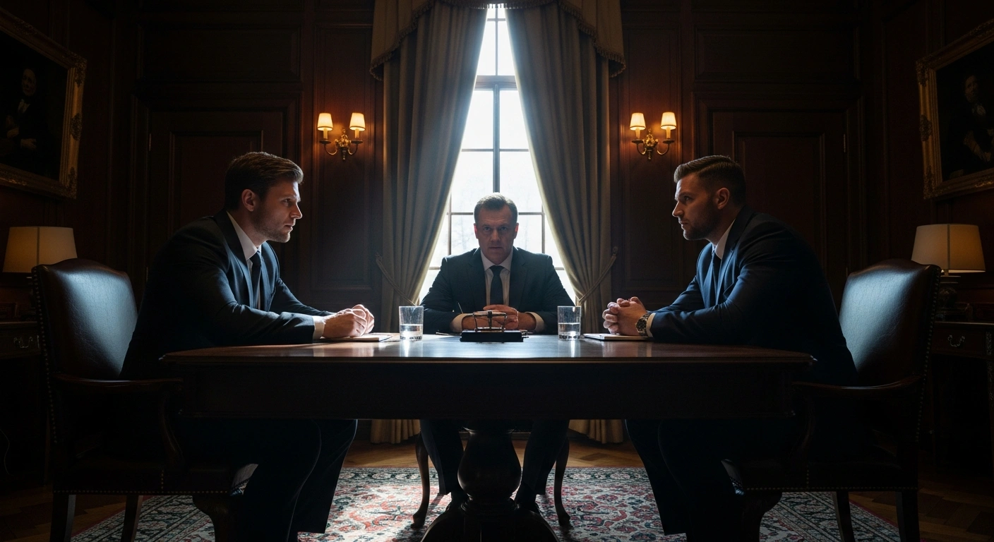 Three political figures, representing President Bola Tinubu, Governor Siminalayi Fubara, and Minister Nyesom Wike, are depicted in a tense, dimly lit private study, engaged in high-stakes talks to resolve a political dispute.