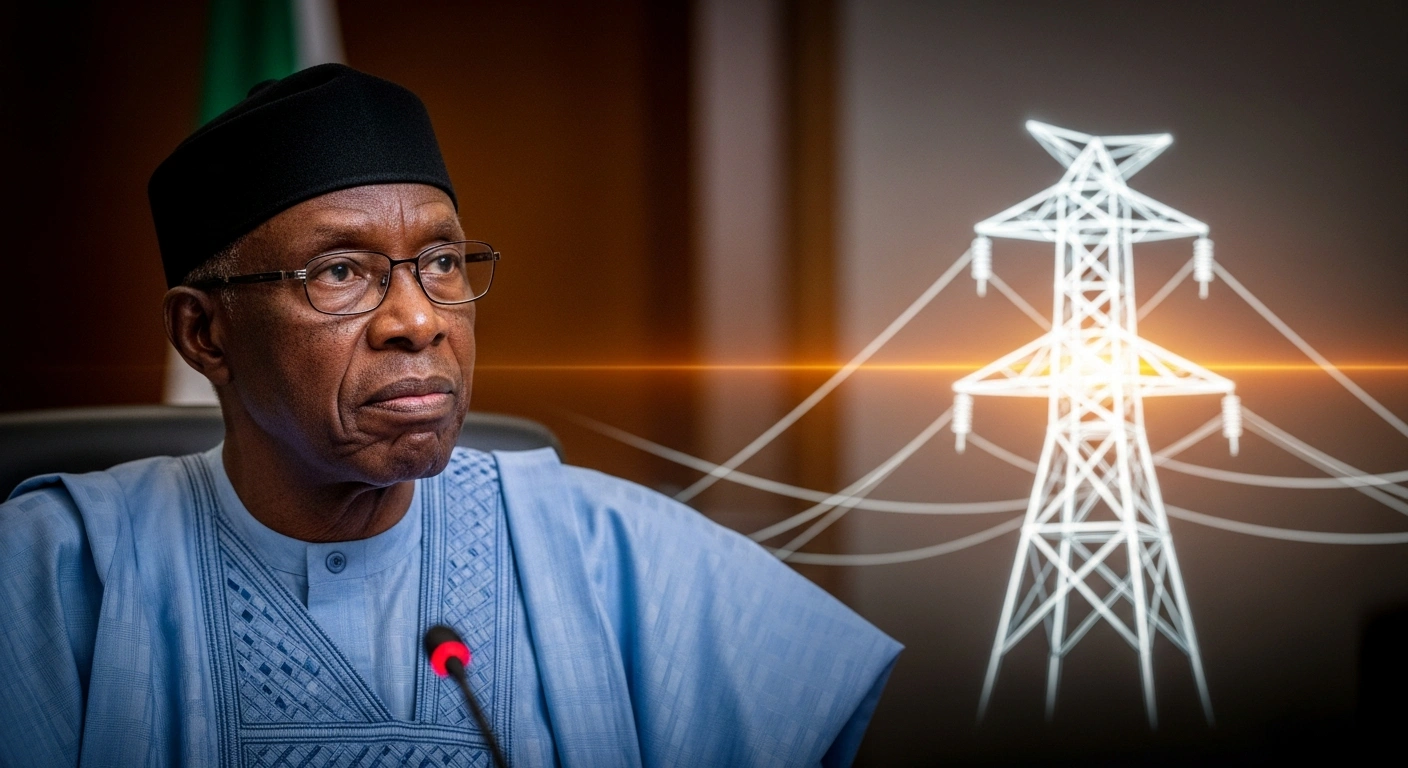President Bola Tinubu is shown with a determined expression, looking towards a glowing, modern power grid, representing Nigeria's commitment to enhancing electricity supply and boosting grid capacity for economic growth and improved livelihoods.