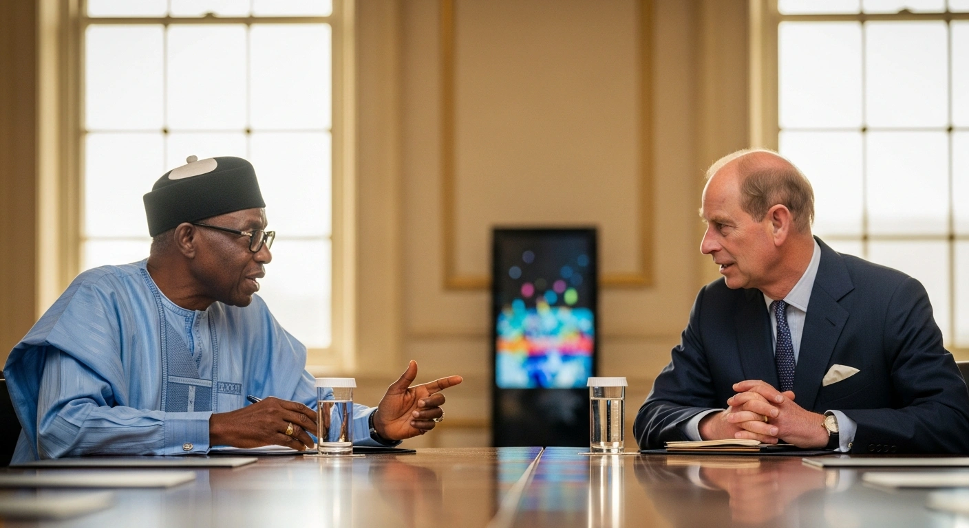 President Bola Tinubu and Prince Edward, the Duke of Edinburgh, are seated at a conference table in Abuja, engaged in a formal discussion about Nigeria's economic and institutional reforms and youth empowerment initiatives.