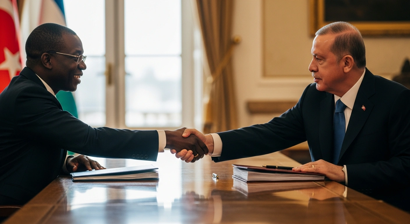 A medium shot depicts President Bola Tinubu and a Turkish leader shaking hands over a polished conference table laden with signed agreements, symbolizing strengthened bilateral relations and a commitment to a $5 billion trade volume between their nations.