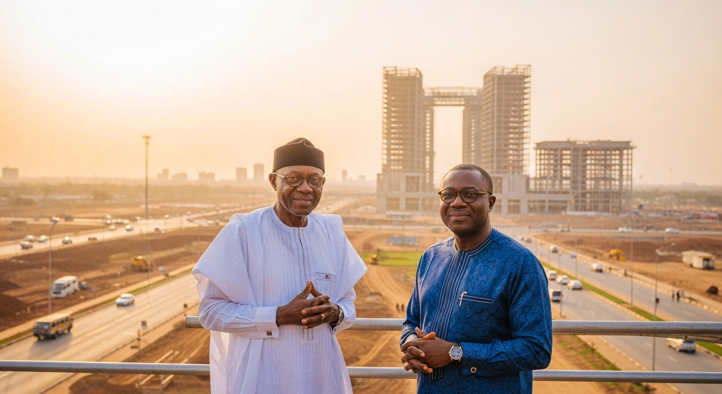 President Bola Tinubu and FCT Minister Nyesom Wike stand together at an urban infrastructure development site in Abuja to signify progress in governance.