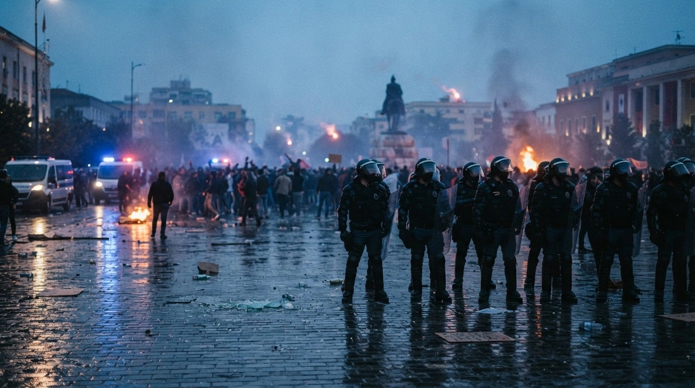 Riot police stand in formation during intense protests in the streets of Tirana, Albania, following clashes that resulted in numerous injuries.